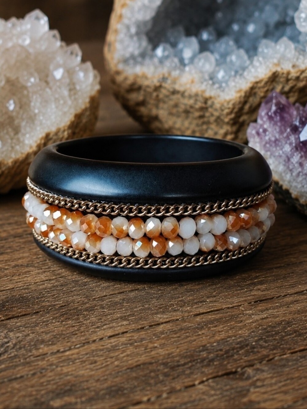 Black Ebony? Wood Wooden Faceted Crystal Chain Clamper Bangle Bracelet Vintage